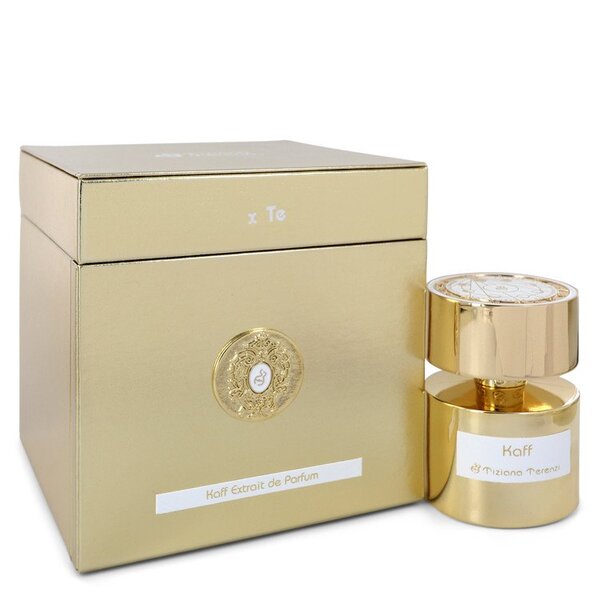 A gold box next to a Tiziana Terenzi Kaff Extrait De Parfum Spray (unisex) 3.38 Oz For Women.