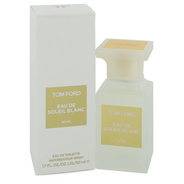 A bottle of Tom Ford Eau De Soleil Blanc eau de toilette spray in a white box.