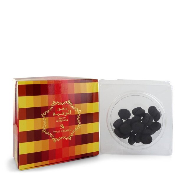 A box of Swiss Arabian Al Rahma Bakhoor 25 Tablets Bakhoor Incense (unisex) 25 Tablets For Men with a red and yellow checkered pattern.