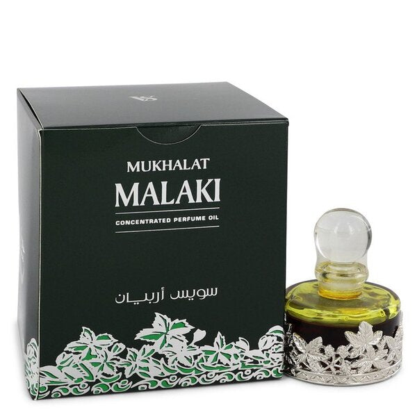 A bottle of Swiss Arabian Mukhalat Malaki Concentrated Perfume Oil 1 Oz For Men in front of a box.