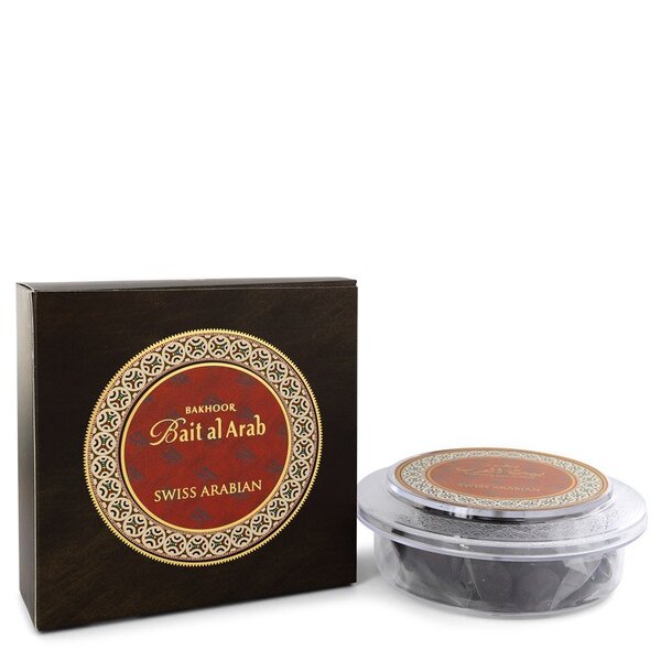A small Swiss Arabian Bait Al Arab Bakhoor 40 Tablets with a black lid and a black box.