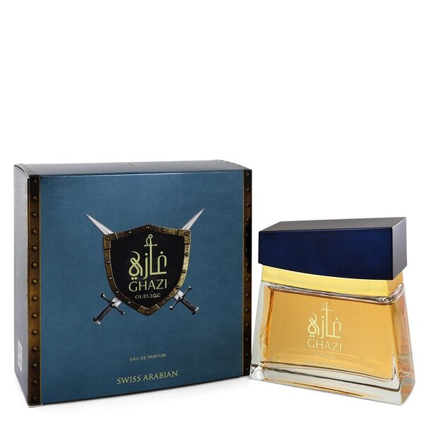 A bottle of Swiss Arabian Ghazi Oud Eau De Parfum Spray 3.4 Oz For Men with a box next to it.