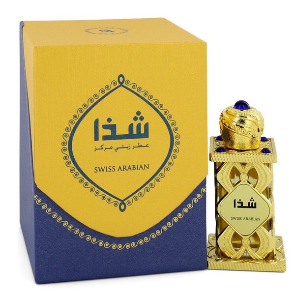 A bottle of Swiss Arabian Shadha Concentrated Perfume Oil 0.6 Oz For Women, an oriental fragrance, next to a box.