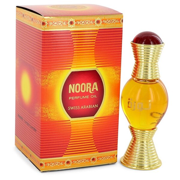 A bottle of Swiss Arabian Noora Perfume Oil (unisex) 0.67 Oz For Women in front of a box.