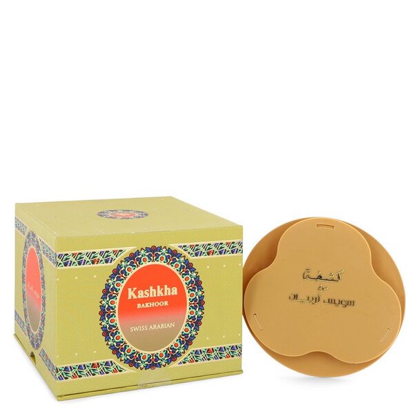 A box of complex and spicy Swiss Arabian Kashkha 18 Tablets Incense Bakhoor (unisex) 18 Tablets For Men soap in front of a box.