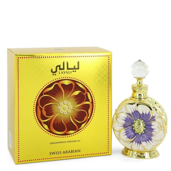 A Swiss Arabian Layali Concentrated Perfume Oil 0.5 Oz For Women in front of a box.