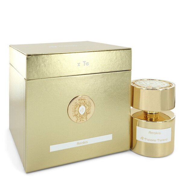 A Tiziana Terenzi Arrakis Extrait De Parfum Spray (unisex) 3.4 Oz For Women bottle with a gold box next to it.