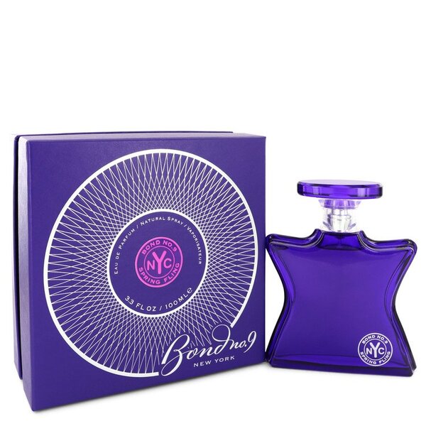 A bottle of Spring Fling Eau De Parfum Spray 3.4 Oz For Women by bond no. 9 with a box next to it.