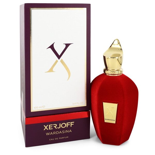 A Xerjoff Wardasina Eau De Parfum Spray (unisex) 3.4 Oz For Women bottle of Italian red perfume with a box next to it.