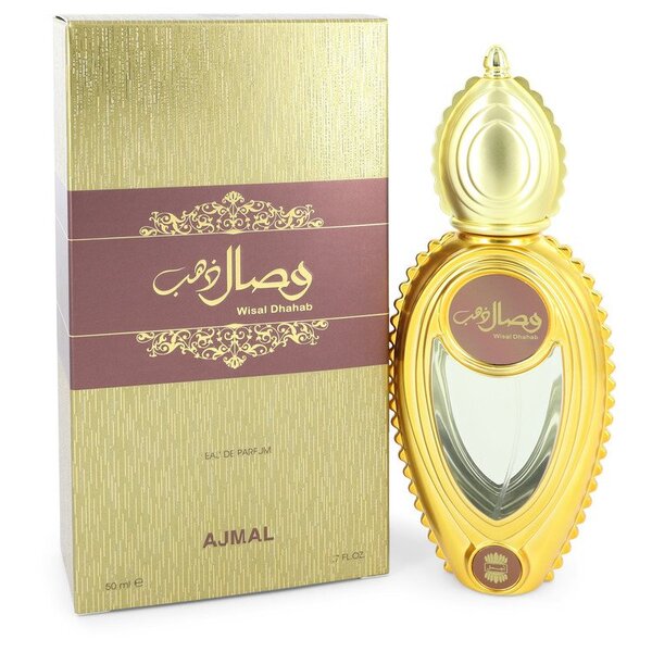 A bottle of Wisal Dhahab Eau De Parfum Spray (unisex) 1.7 Oz For Women with a box next to it.