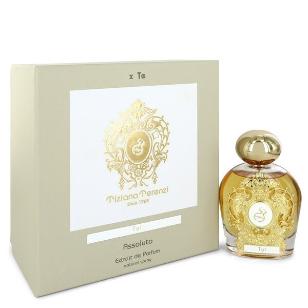 A bottle of Tiziana Terenzi Tyl Extrait De Parfum Spray (unisex) 3.38 Oz For Women in front of a woody floral scent box.