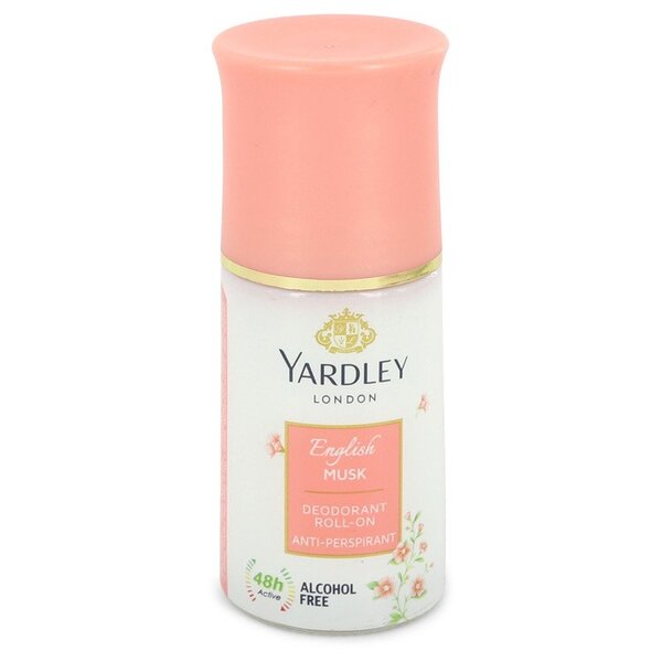Yardley English Musk Deodorant Roll-on Alcohol Free 1.7 Oz For Women in a pink bottle.