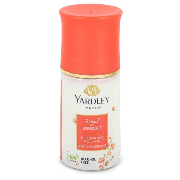 A bottle of Yardley Royal Bouquet Deodorant Roll-on Alcohol Free 1.7 Oz For Women providing protection on a white background.