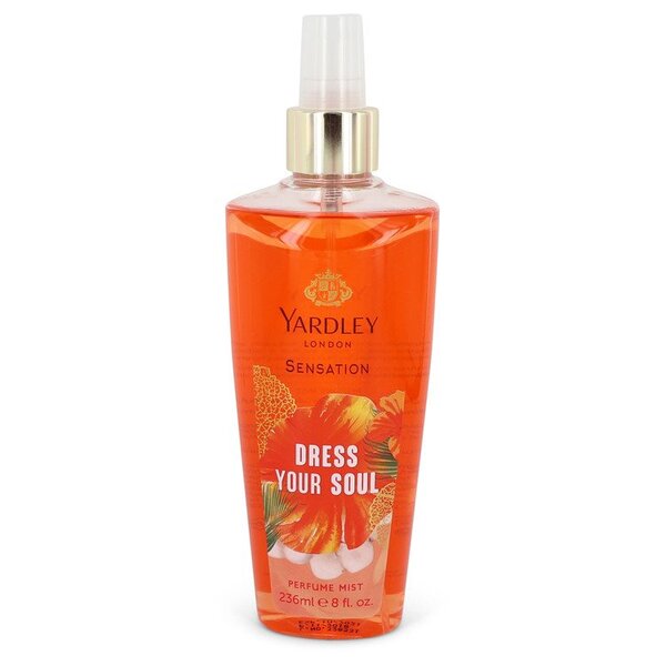 A bottle of Yardley Dress Your Soul Perfume Mist 8 Oz For Women, infused with a captivating blend of floral and musk notes.