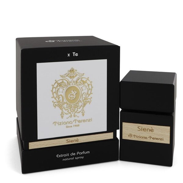 A bottle of Tiziana Terenzi Siene Extrait De Parfum Spray (unisex) 3.38 Oz For Women with a box next to it.
