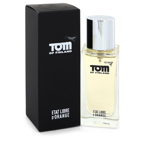 A bottle of Tom Of Finland Eau De Parfum Spray 1.6 Oz For Men orange eau de toilette.