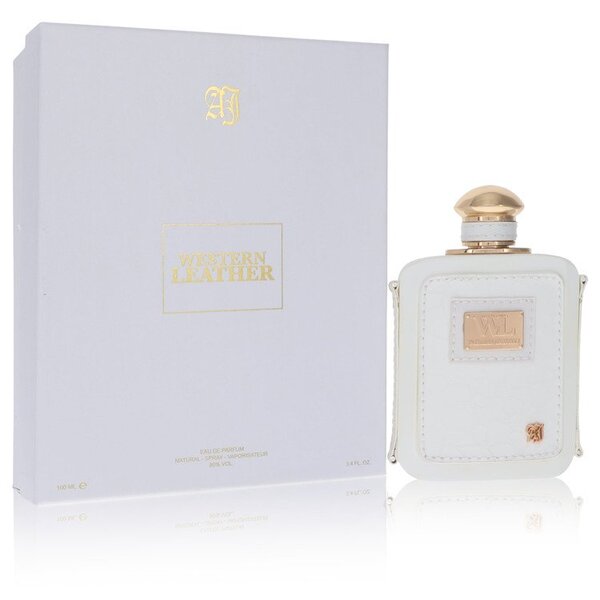 A bottle of Western Leather Eau De Parfum Spray 3.4 Oz For Women with a golden box, offering a fruity fragrance.