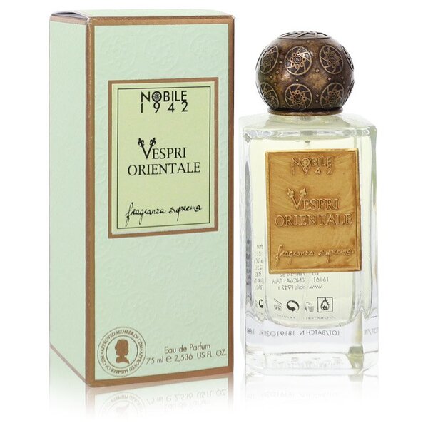 A bottle of Vespri Orientale Eau De Parfum Spray (unisex) 2.5 Oz For Women in front of a box.