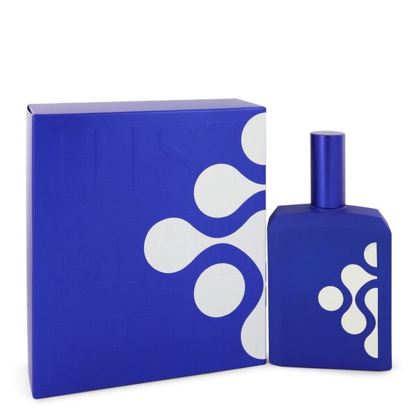 A fragrance bottle of This Is Not A Blue Bottle 1.4 Eau De Parfum Spray 4 Oz For Women, in a vibrant shade of blue, placed alongside a matching blue box.