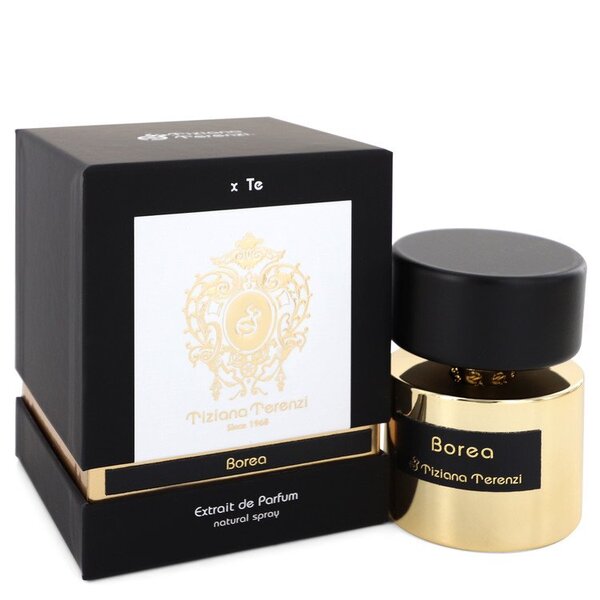 A bottle of Tiziana Terenzi Borea Extrait De Parfum Spray (unisex) 3.38 Oz For Women with a gold box next to it.
