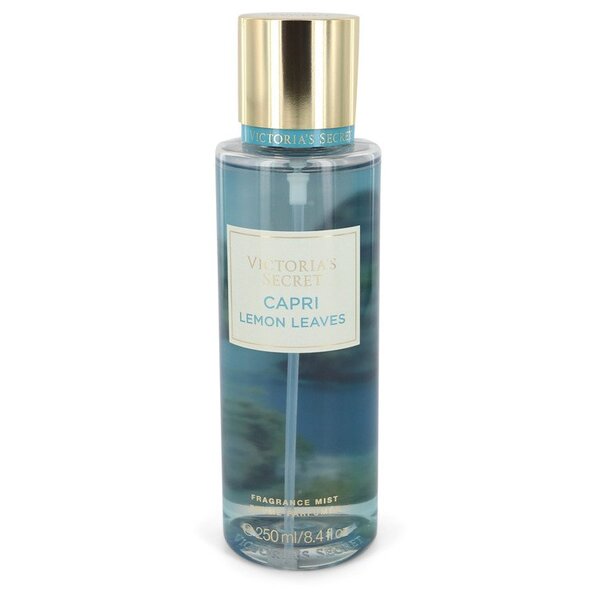A beach-inspired Victoria's Secret Capri Lemon Leaves Fragrance Mist 8.4 Oz For Women, featuring a blue bottle set against a crisp white background.