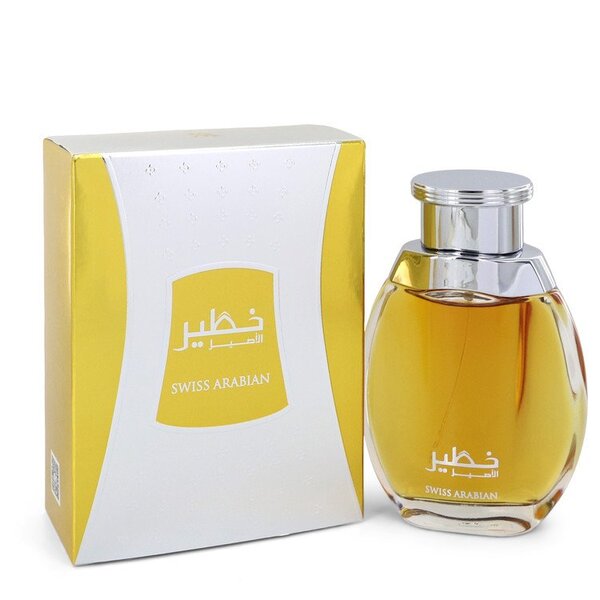 A masculine fragrance by Swiss Arabian Khateer Eau De Parfum Spray 3.4 Oz For Men, presented in a bottle of perfume, accompanied by a box.
