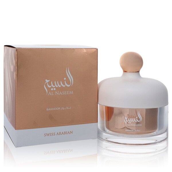 A bottle of Swiss Arabian Bakhoor Al Naseem Bakhoor Incense (unisex) 96 Grams For Men with a box next to it.