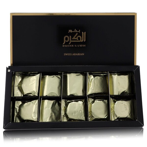 A box of Swiss Arabian Bakhoor Al Karam Bakhoor Incense (unisex) 55 Grams For Men in a black box, perfect for men who appreciate fragrance.