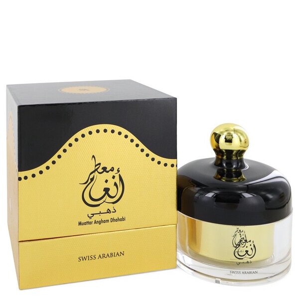 A bottle of Swiss Arabian Muattar Angham Dhahabi Bakhoor Incense (unisex) 40 Grams For Men with a box next to it.