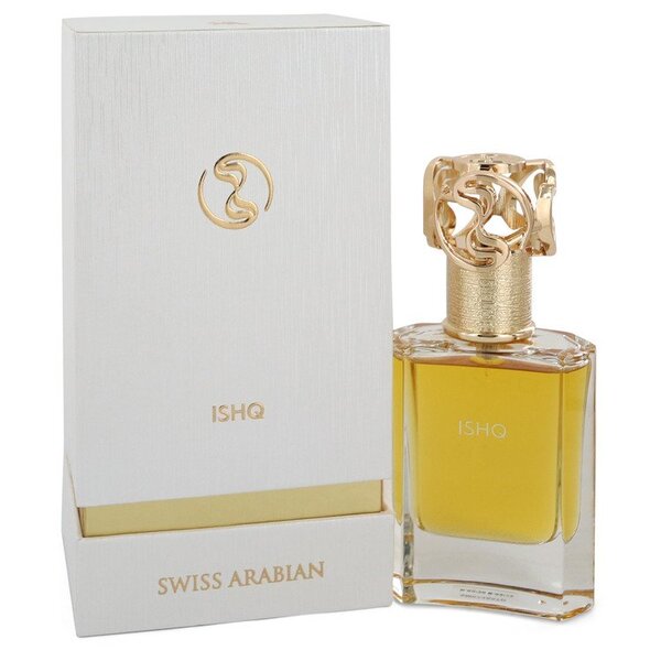 A women's bottle of Swiss Arabian Ishq Eau De Parfum Spray (unisex) 1.7 Oz For Women, an oriental spicy woodsy fragrance.