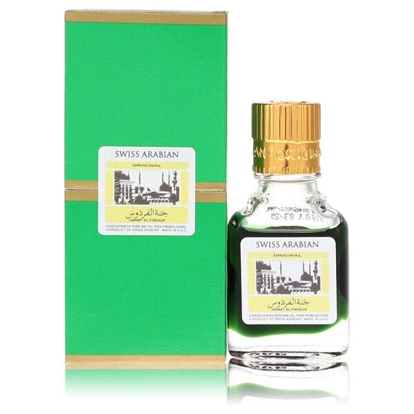 A green bottle of Swiss Arabian Layali El Ons Concentrated Perfume Oil Free From Alcohol 3.21 Oz For Women with a gold box.