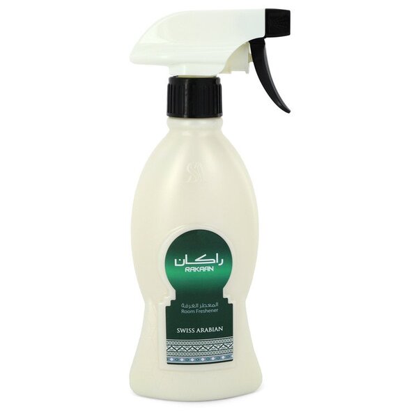 A Swiss Arabian Rakaan Home Freshener 10.14 Oz For Men bottle with a sprayer on a white background, featuring a UAE label.