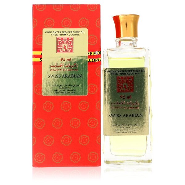 A bottle of Zikariyat El Habayab Concentrated Perfume Oil Free From Alcohol (unisex) 3.2 Oz For Women with a red box next to it.