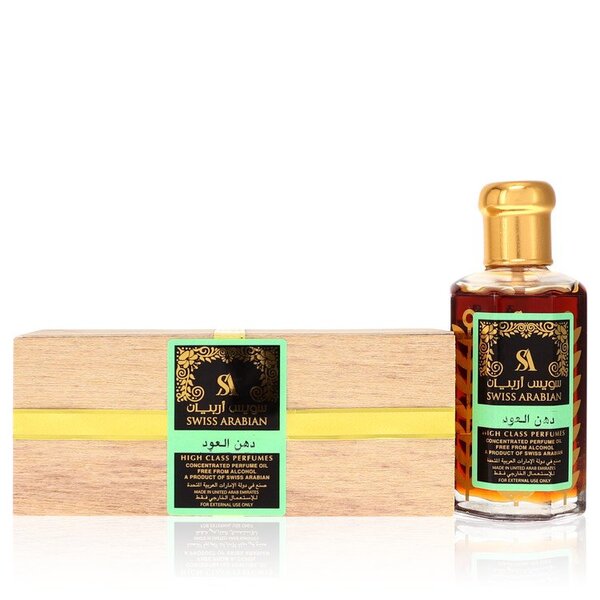Swiss Arabian Sandalia Ultra Concentrated Perfume Oil Free From Alcohol (unisex Green) 3.21 Oz For Women with a wooden box next to it.