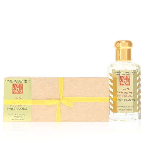 A bottle of White Rose No 1 Concentrated Perfume Oil Free From Alcohol (unisex) 3.21 Oz For Women with a yellow ribbon and a box.