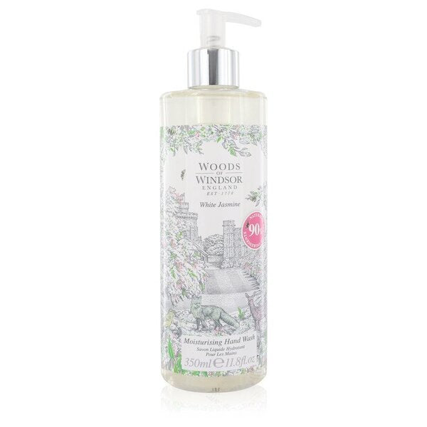 A bottle of White Jasmine Hand Wash 11.8 Oz For Women with a floral design on it.
