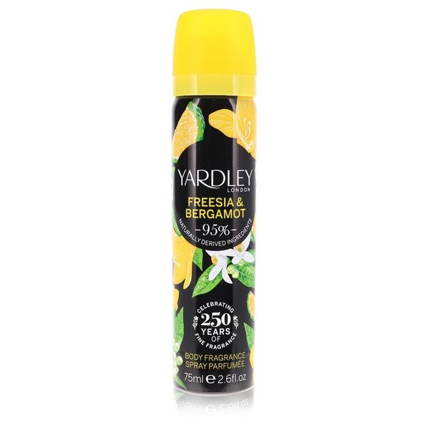 A bottle of Yardley Freesia & Bergamot Body Fragrance Spray 2.6 Oz For Women on a white background.