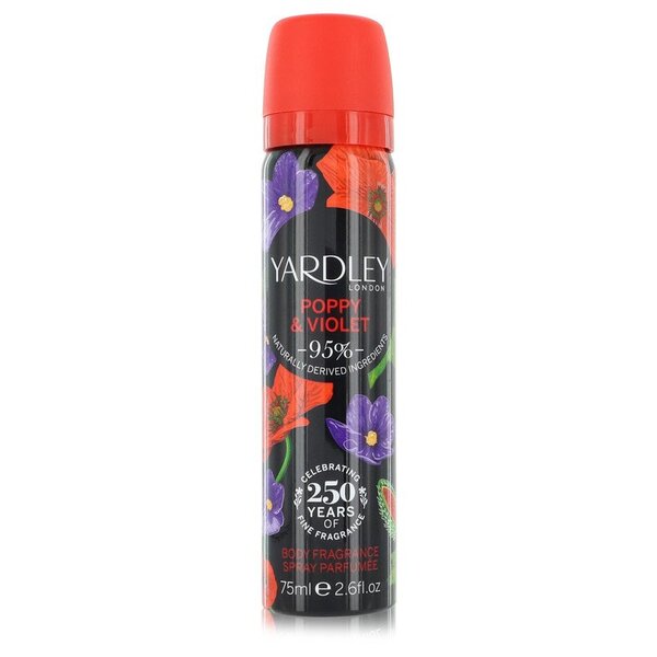A bottle of Yardley Poppy & Violet Body Fragrance Spray 2.6 Oz For Women with red flowers on a white background.