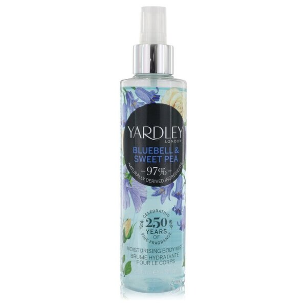 A bottle of Yardley Bluebell & Sweet Pea Moisturizing Body Mist on a white background.