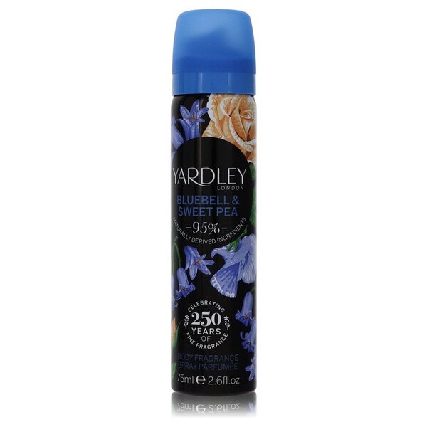 Yardley Bluebell & Sweet Pea Body Fragrance Spray 2.6 Oz For Women featuring blue flowers on a white background, specifically inspired by the delicate beauty of Yardley bluebell and sweet pea.