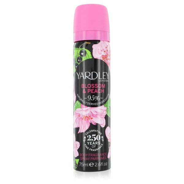 Yardley Blossom & Peach Body Fragrance Spray 2.6 Oz For Women with pink flowers on a white background.