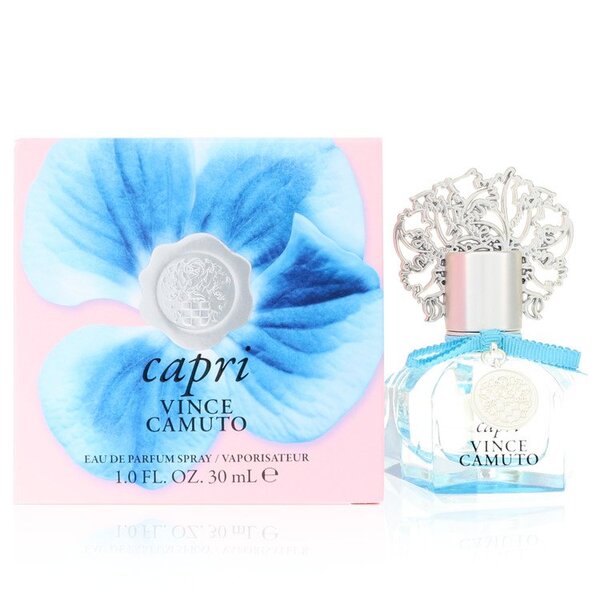 A tropical adventure fragrance with a bottle of Vince Camuto Capri Eau De Parfum Spray 1 Oz For Women adorned with a blue flower, created by Vince Camuto.