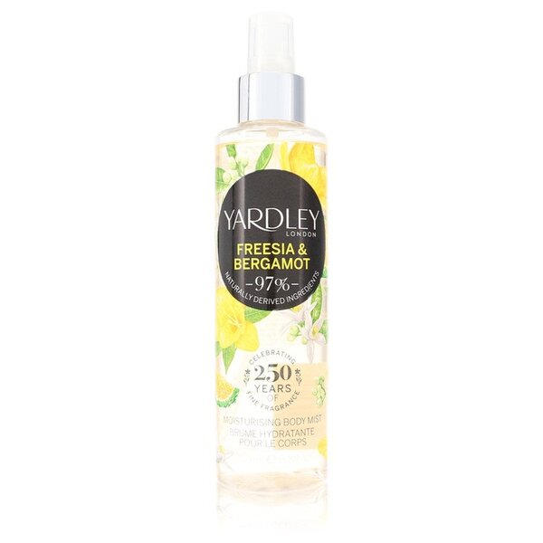 A bottle of Yardley Freesia & Bergamot Body Mist 6.8 Oz For Women spray on a white background.