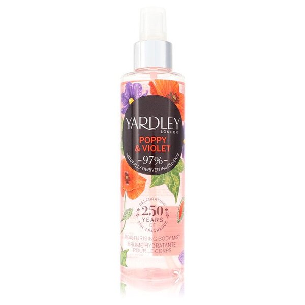 A bottle of Yardley Poppy & Violet Body Mist 6.8 Oz For Women on a white background.