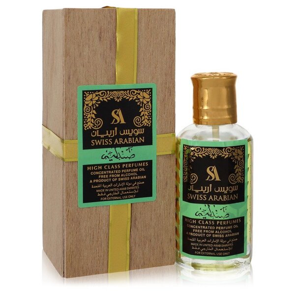 A bottle of Swiss Arabian Sandalia Concentrated Perfume Oil Free From Alcohol (unisex) 1.7 Oz For Women in a wooden box.