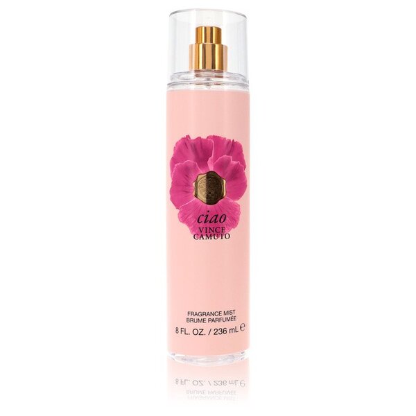 A fruity and floral Vince Camuto Ciao Body Mist 8 Oz For Women, housed in a pink bottle adorned with a delicate pink flower.