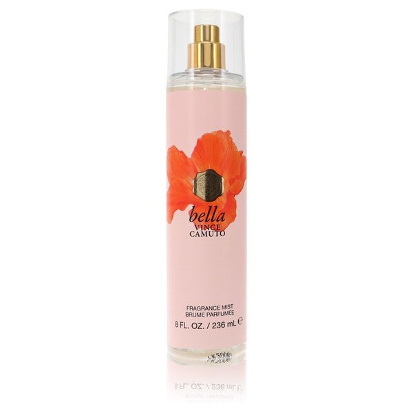 A bottle of Vince Camuto Bella Body Mist 8 Oz For Women with an orange flower on it.