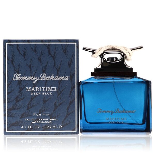 A bottle of Tommy Bahama Maritime Deep Blue Eau De Cologne Spray 4.2 Oz, a woody aromatic fragrance for men.