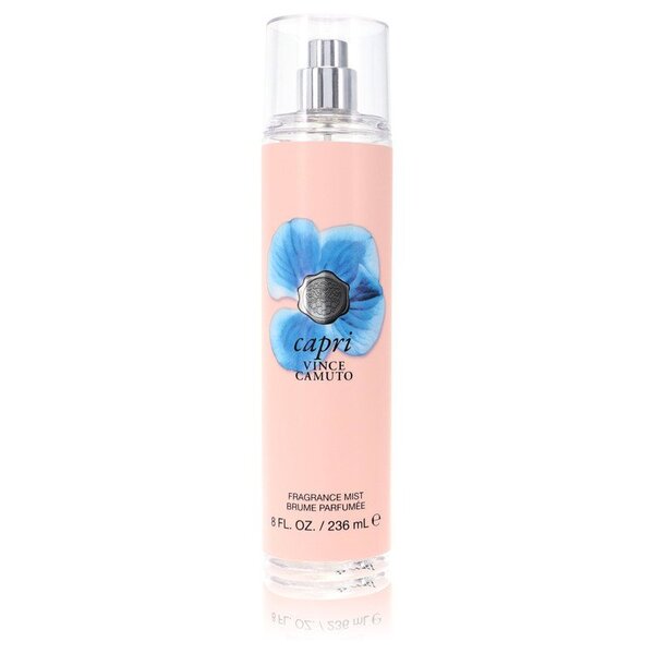 A bottle of Vince Camuto Capri Body Mist 8 Oz for Women, featuring a woodsy floral scent, showcased on a pristine white background.