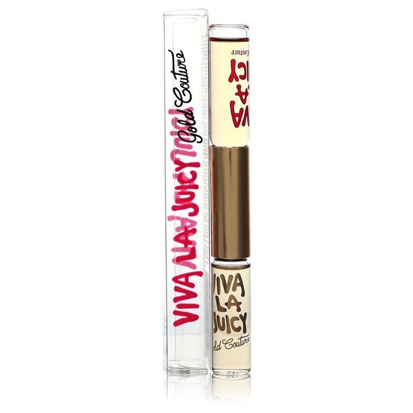 A tube of Viva La Juicy Duo Roller Ball Viva La Juicy + Viva La Juicy Gold Couture 0.33 Oz For Women accompanied by a tube of lipgloss, perfect for women who adore Viva La Juicy perfume.